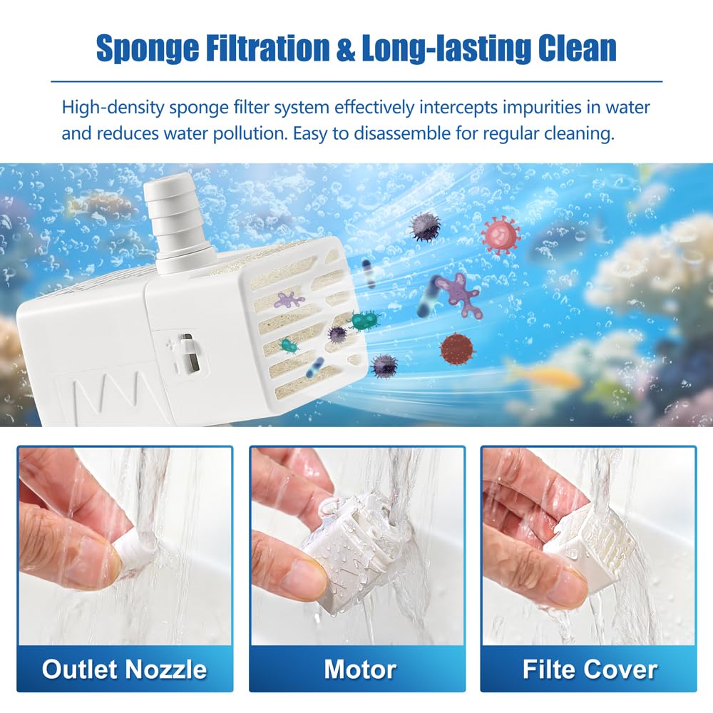 Novique 3W pump installation uses suction cups for stable setup anywhere.