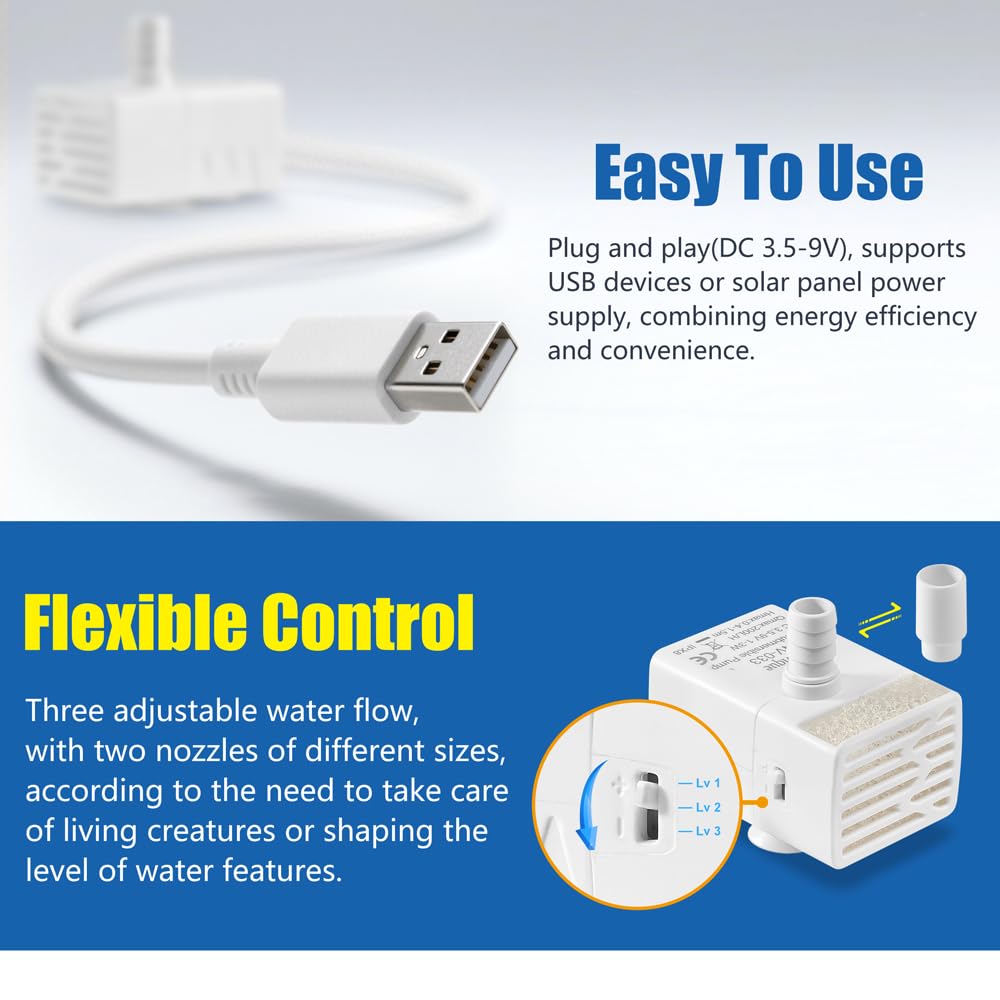 Novique 3W pump supports USB and solar power options for flexible use.