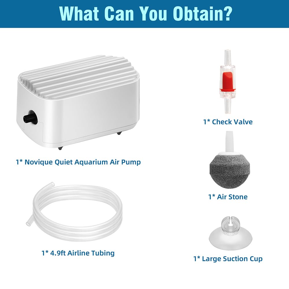 Novique 4.9 ft tubing and check valve enable flexible placement around the tank.