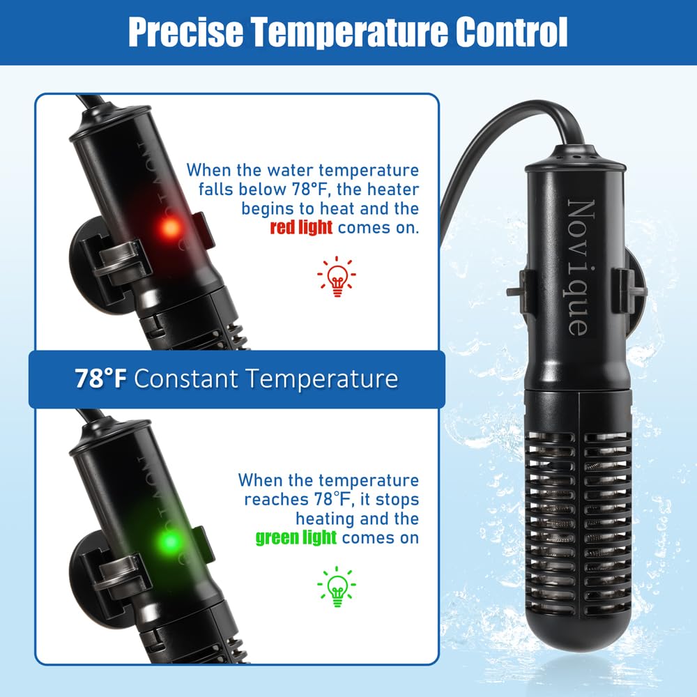 Novique heater with suction cups mounted on tank wall ensures stable placement during use.
