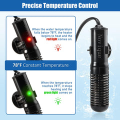 Novique heater with suction cups mounted on tank wall ensures stable placement during use.