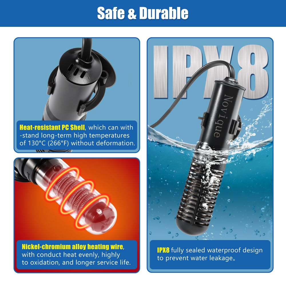Novique compact 4.7 inch heater hides behind decor while warming tiny tanks.