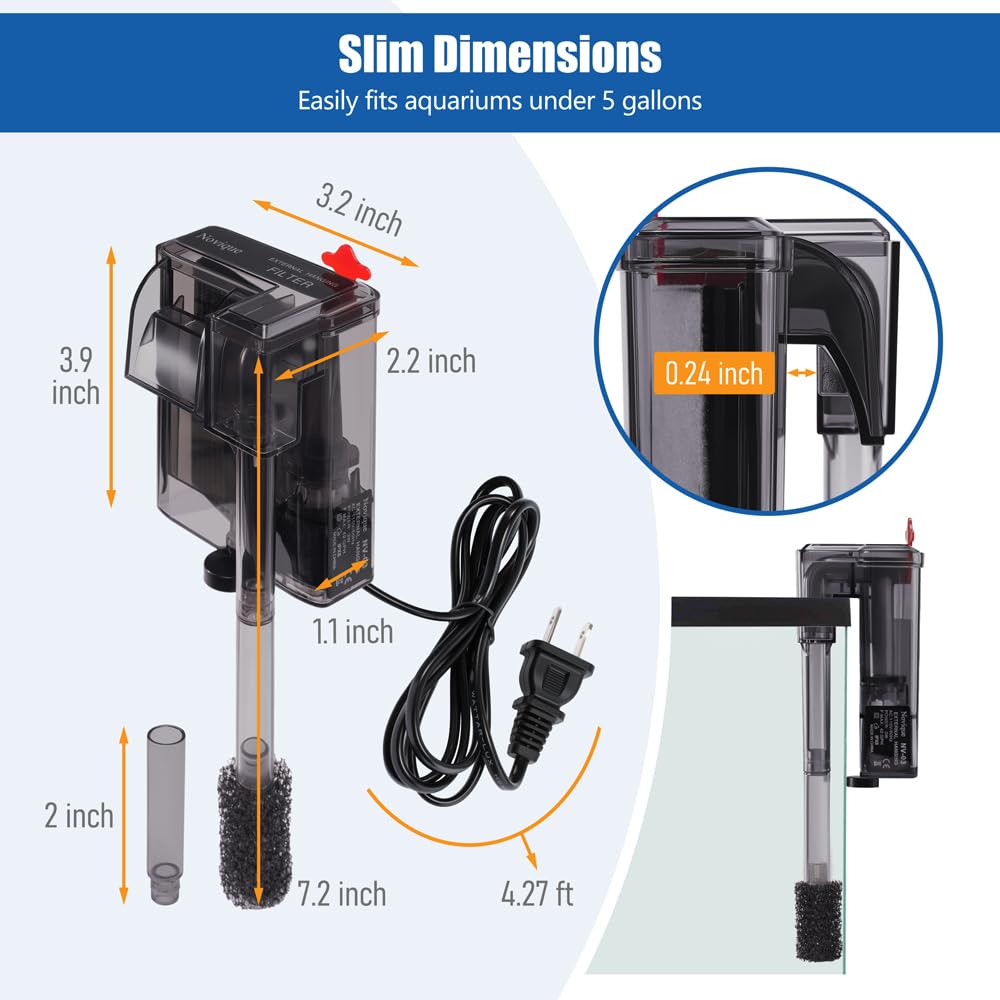 Novique HOB Slim filter top view highlighting slim footprint for small tanks.