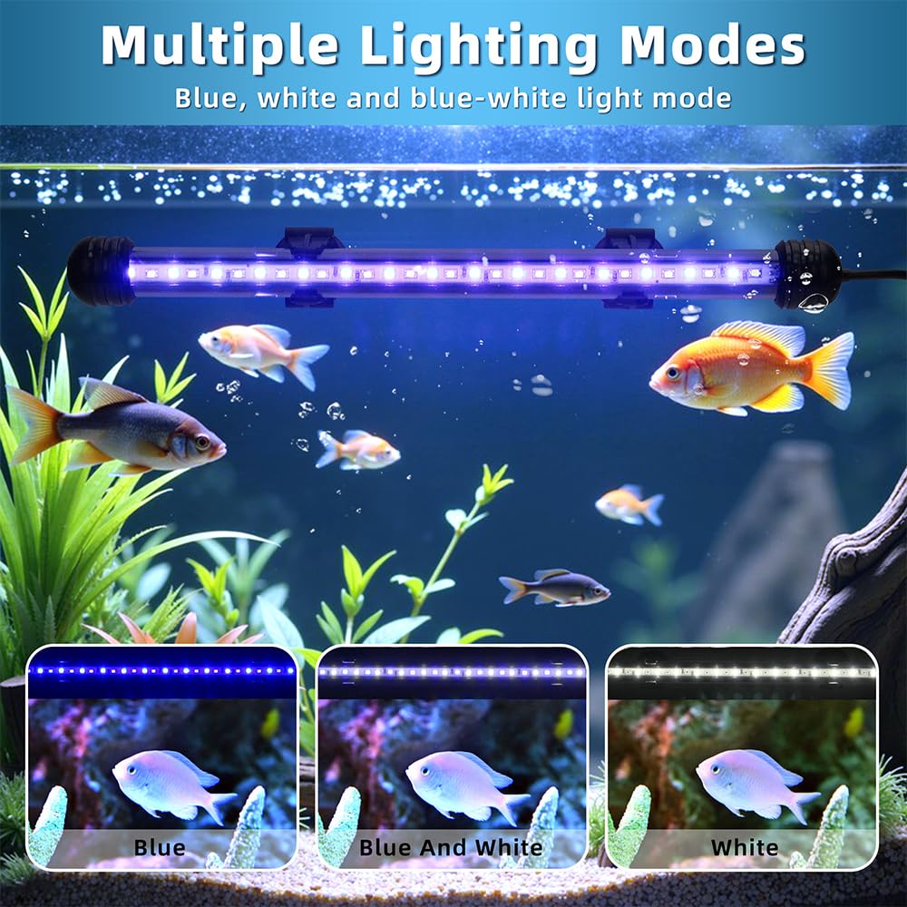 Novique LED submersible aquarium light blue-white mix mode provides soft, natural illumination.