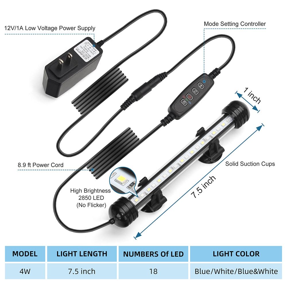 Novique LED submersible aquarium light in white mode brightens tank details and colors.