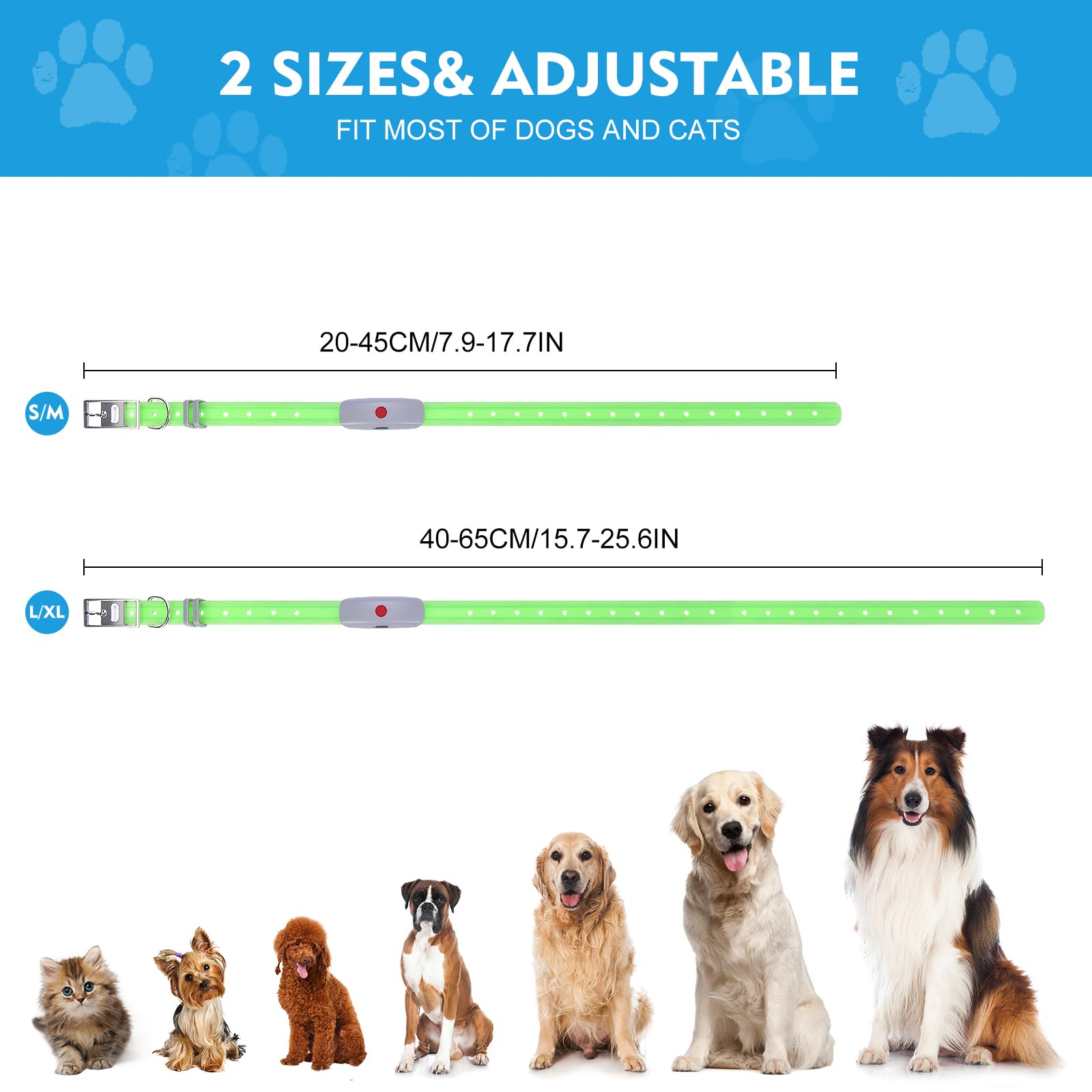 Novkin adjustable collar fits small to large dogs for active nighttime use.