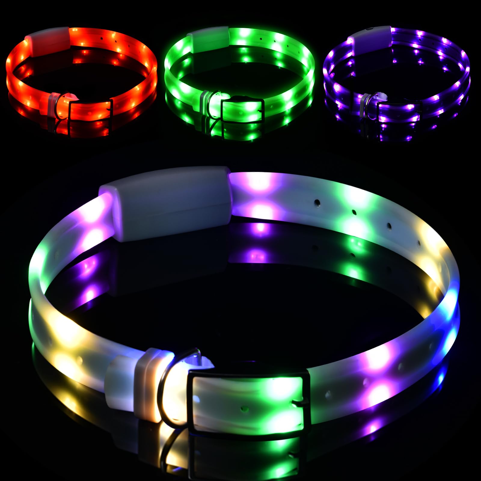 Novkin lighted dog collar on a dog at night enhances 360-degree visibility for safer walks.