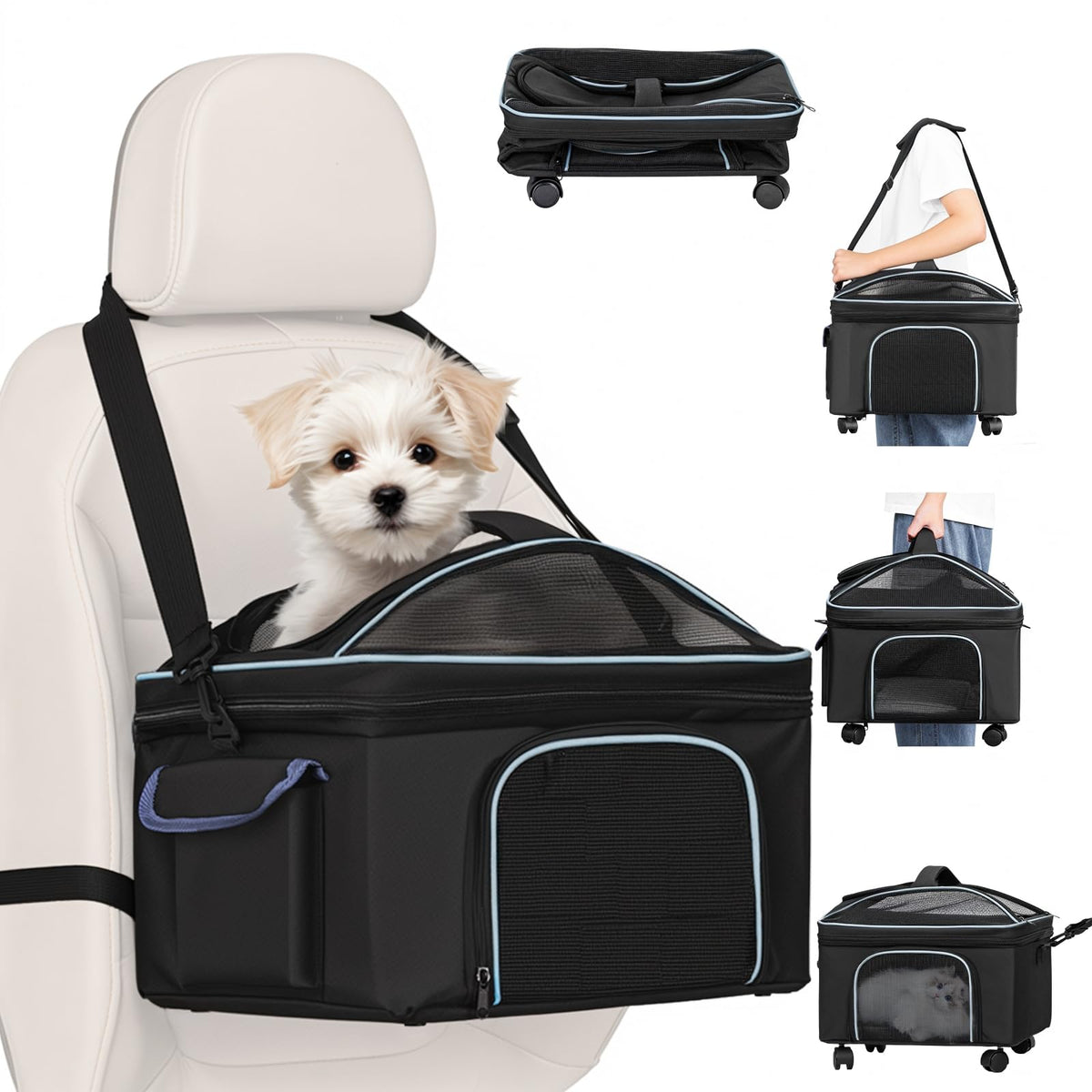 NOVOLAB 4-in-1 cat car seat with removable wheels showing elevated booster mode for cozy pet travel