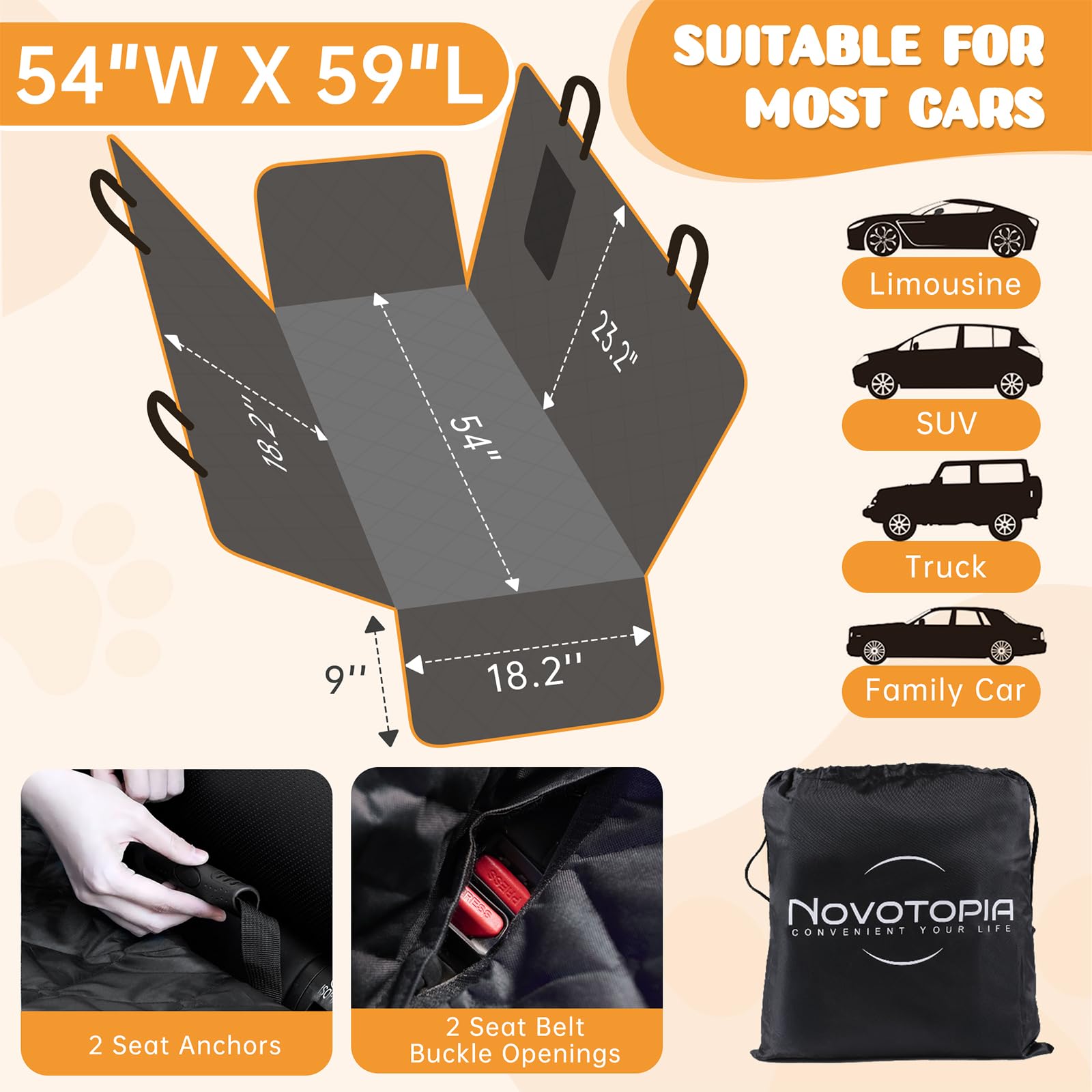 Novotopia dog seat cover odor-free material reduces smells after long trips