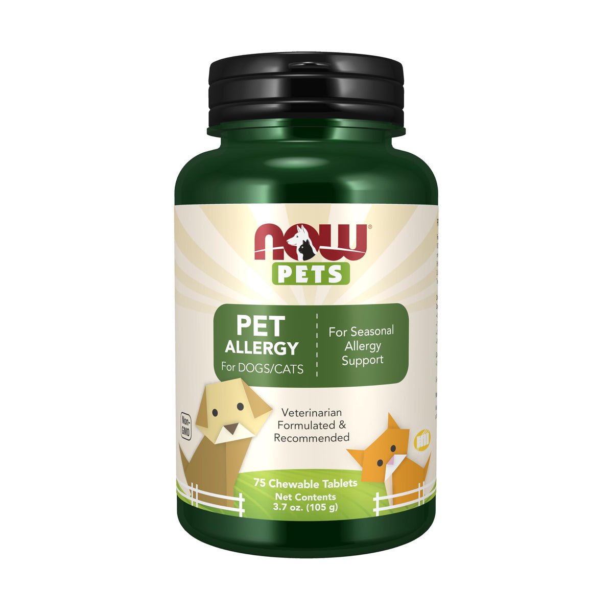 NOW Pet Health allergy bottle highlights NASC-certified support for pet histamine balance