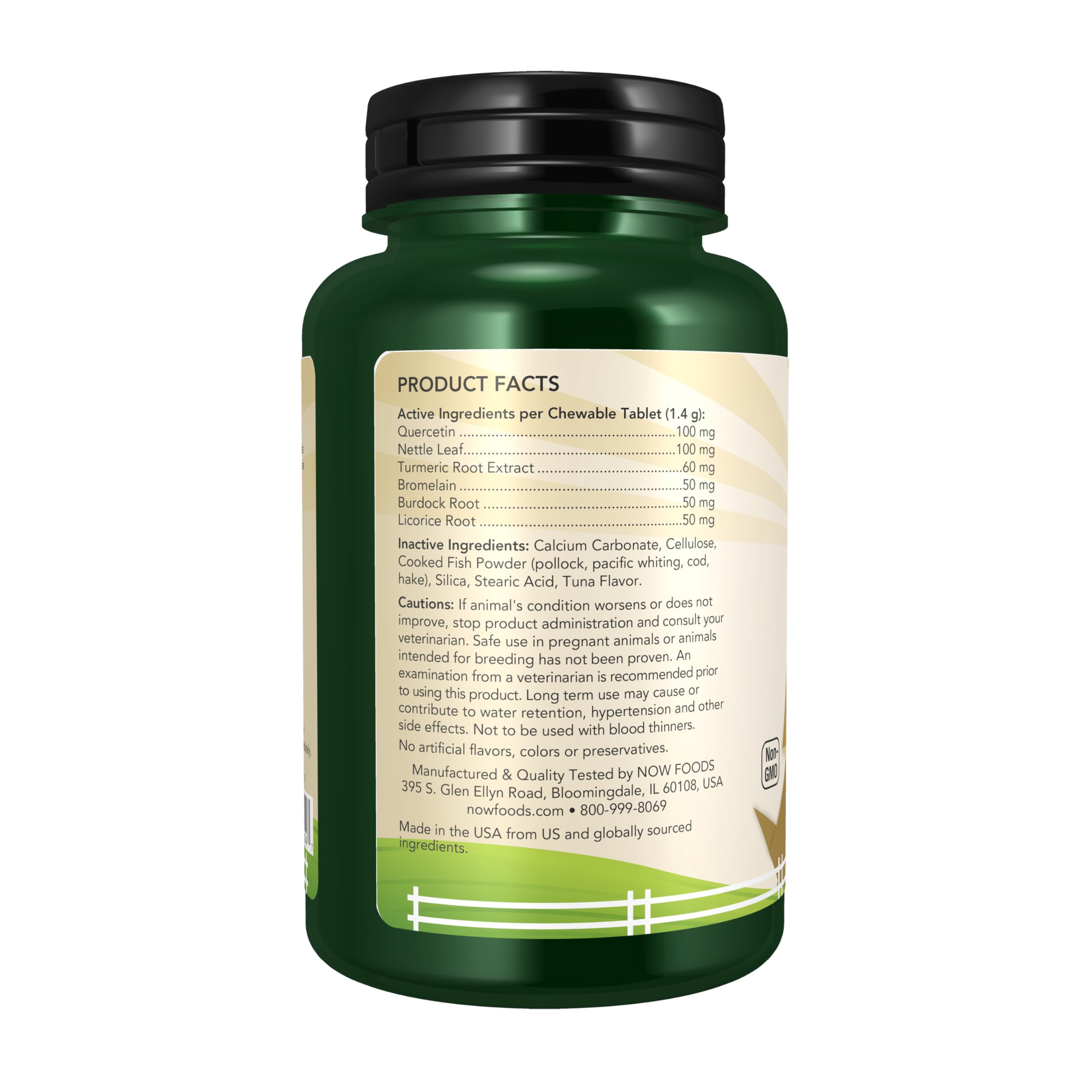 NOW Pet Health ingredients image features quercetin, nettle leaf, and turmeric