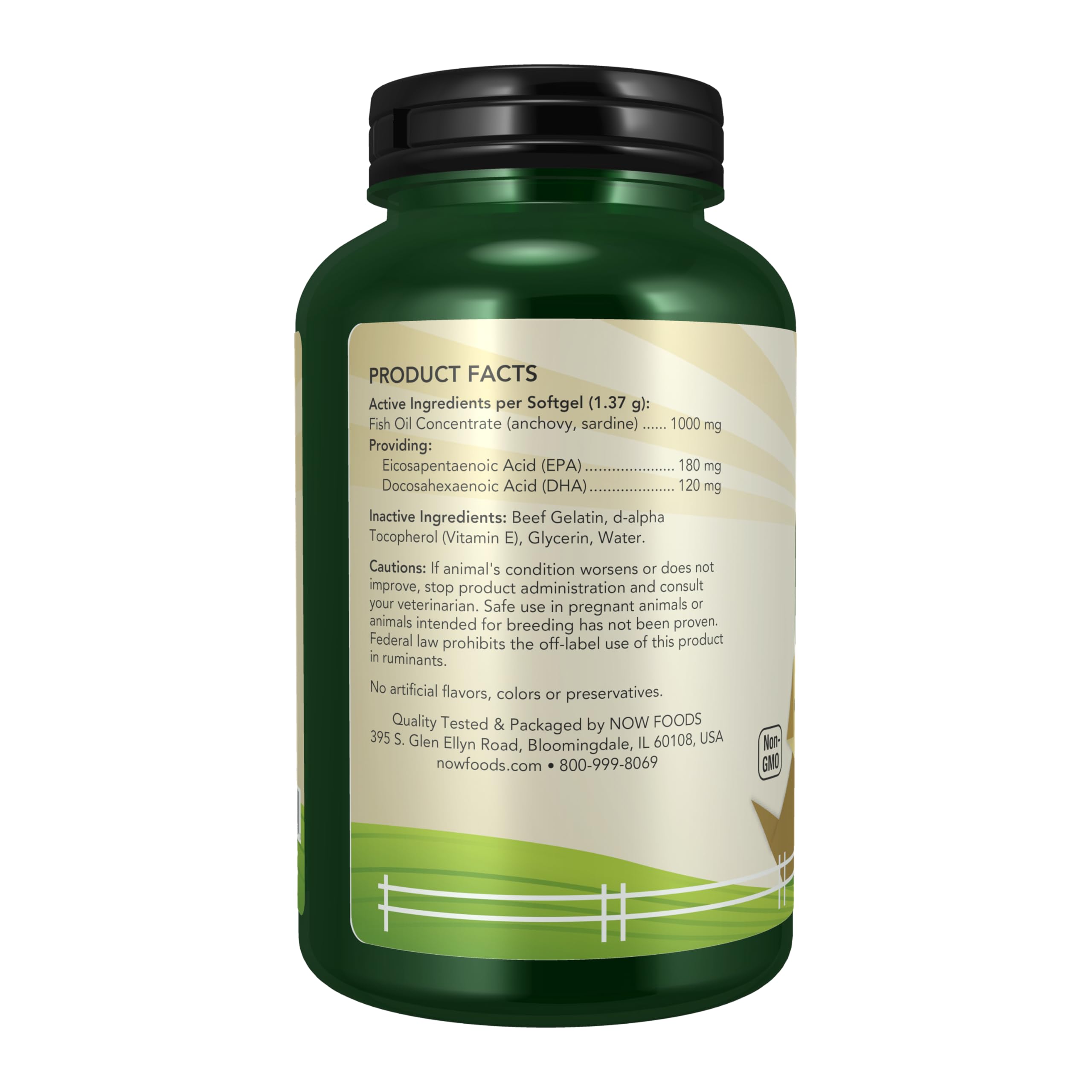 NOW Pets omega-3 anchors sardine sources graphic emphasizes sustainable ingredients.