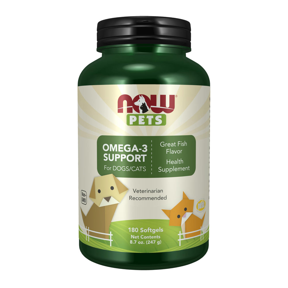 NOW Pets Omega-3 softgels bottle demonstrates NASC-certified formula for joint support.