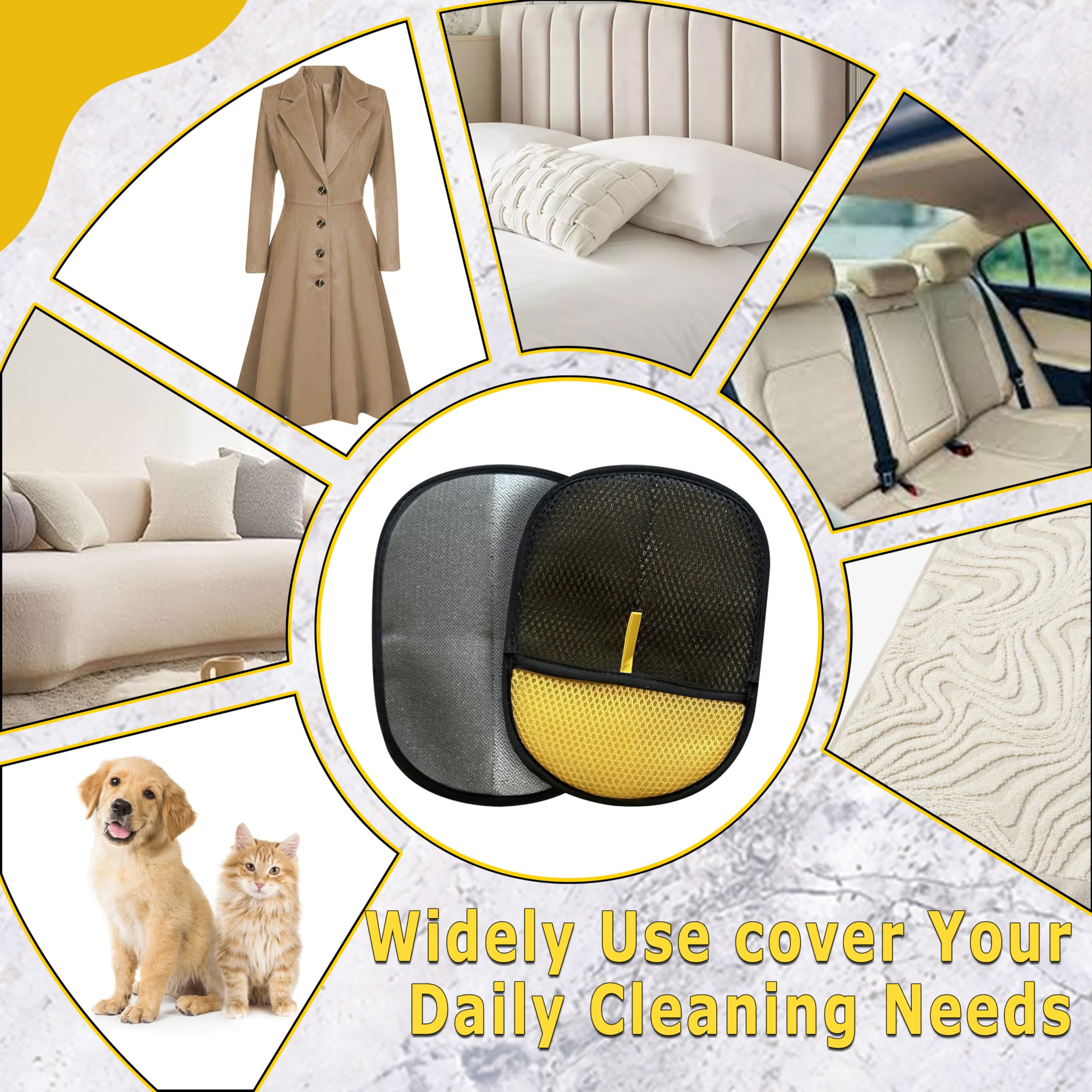 NoWoof electrostatic glove in action shows hair lifting across fabric surfaces for quick cleanup