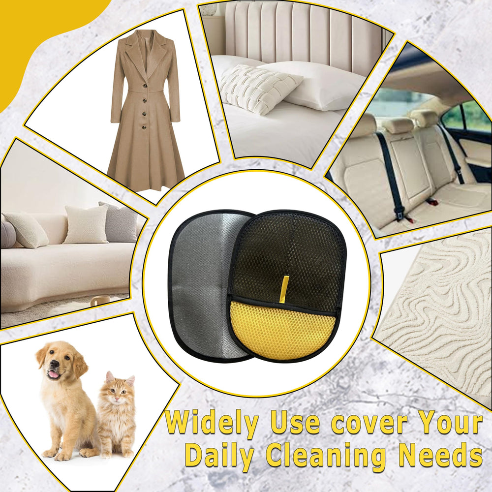 NoWoof electrostatic glove in action shows hair lifting across fabric surfaces for quick cleanup