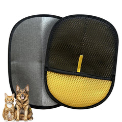 NoWoof pet hair removal glove close-up shows electrostatic action for fast fur pickup on furniture