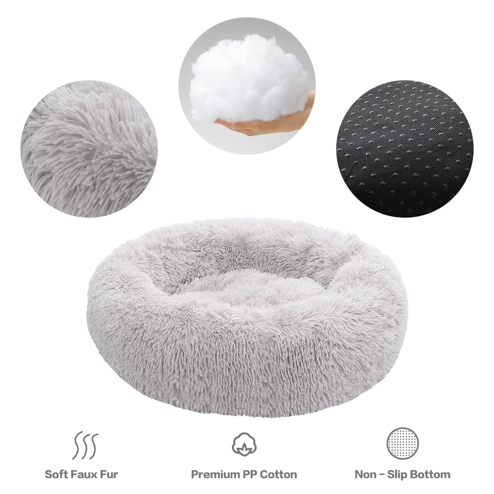 NOYAL Calming Donut Bed side detail highlights plush faux fur that soothes pets.