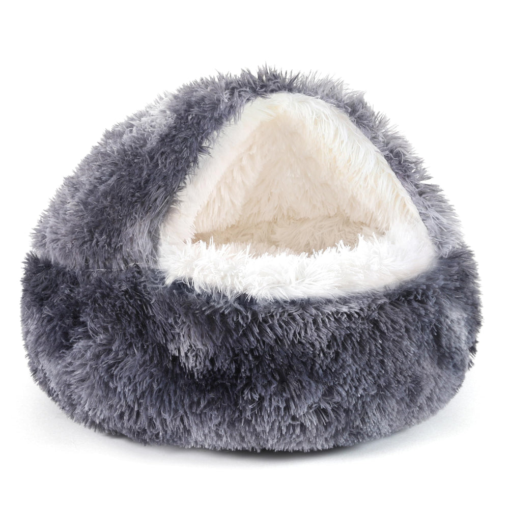 NOYAL round hooded donut bed closeup shows plush fabric for cozy naps.