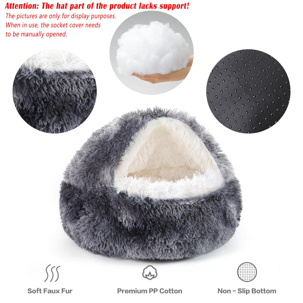NOYAL round hooded donut bed cover detail highlights den-like shelter.