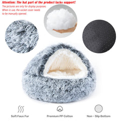 NOYAL round hooded donut bed hood design shown as a secure den for anxious pets.