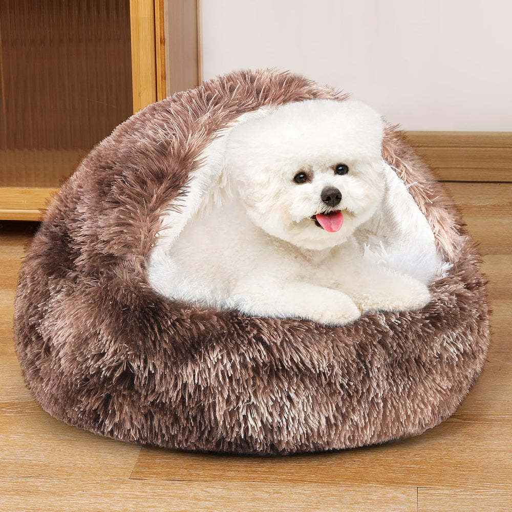 NOYAL Round Hooded Donut Bed displayed in five sizes for 8–40 lb pets.