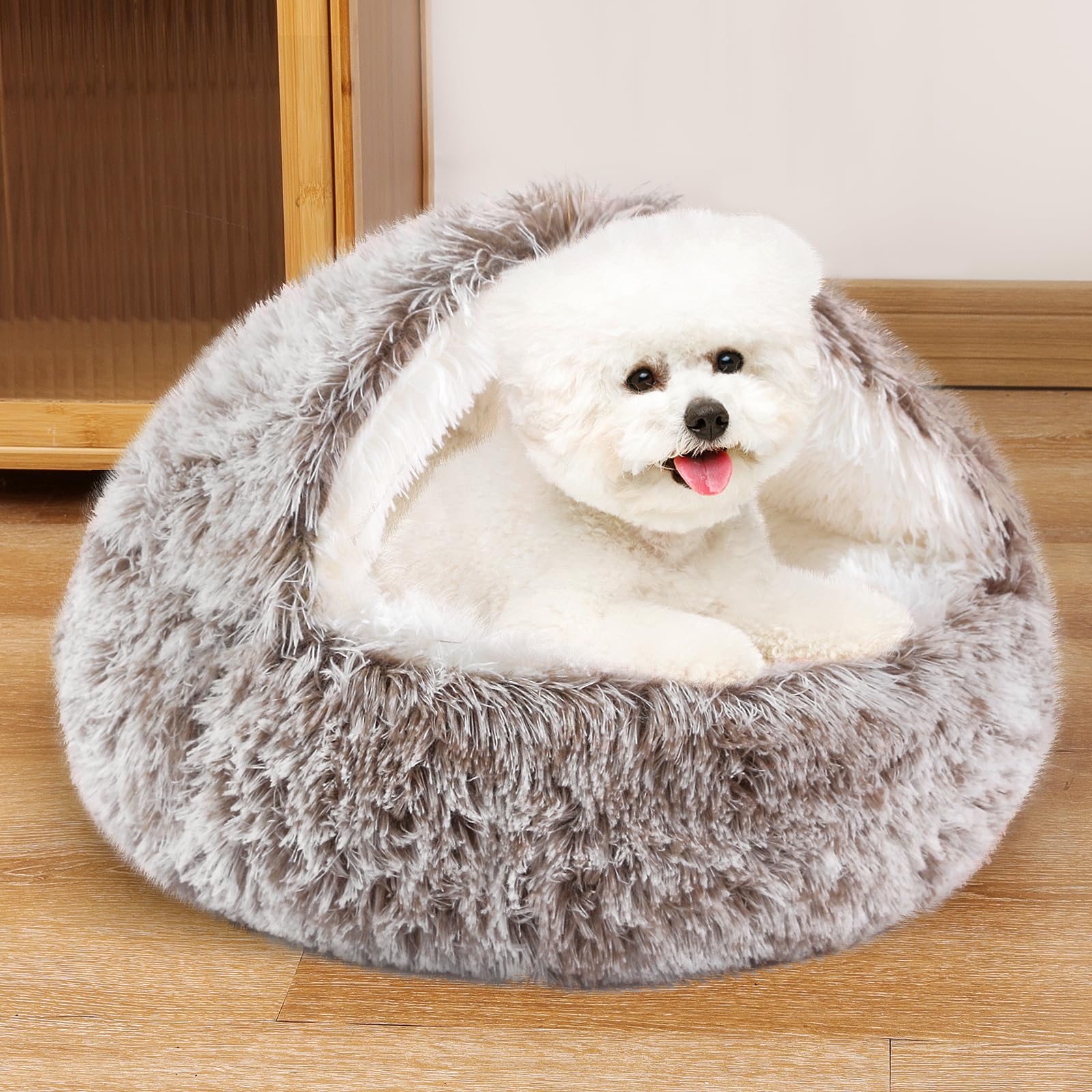 Noyal round hooded donut bed five sizes ensures fit for small to medium dogs.
