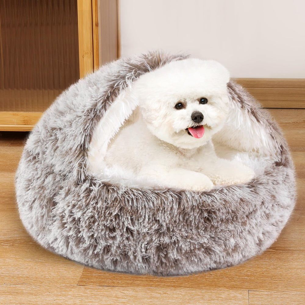 Noyal round hooded donut bed five sizes ensures fit for small to medium dogs.