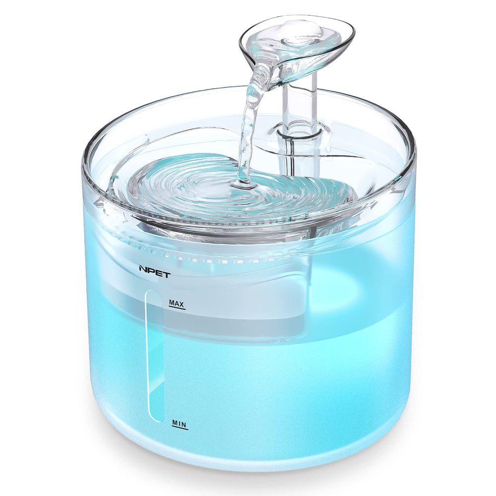 NPET WF100 cat fountain front view showing leaf-shaped flow for attractive hydration