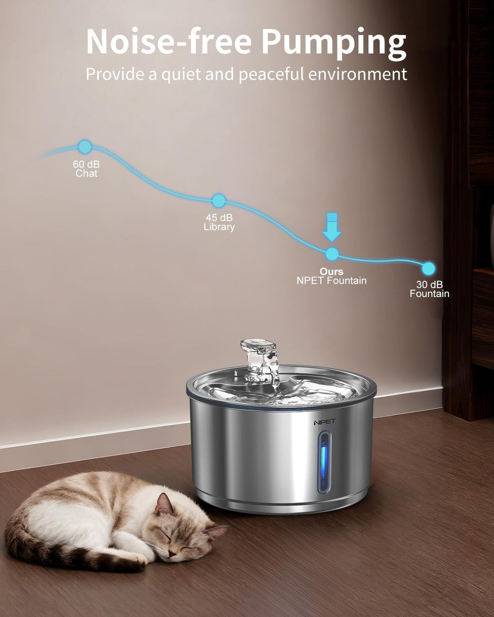 NPET WF210Plus faucet detail demonstrates cat-friendly flow for steady drinking.