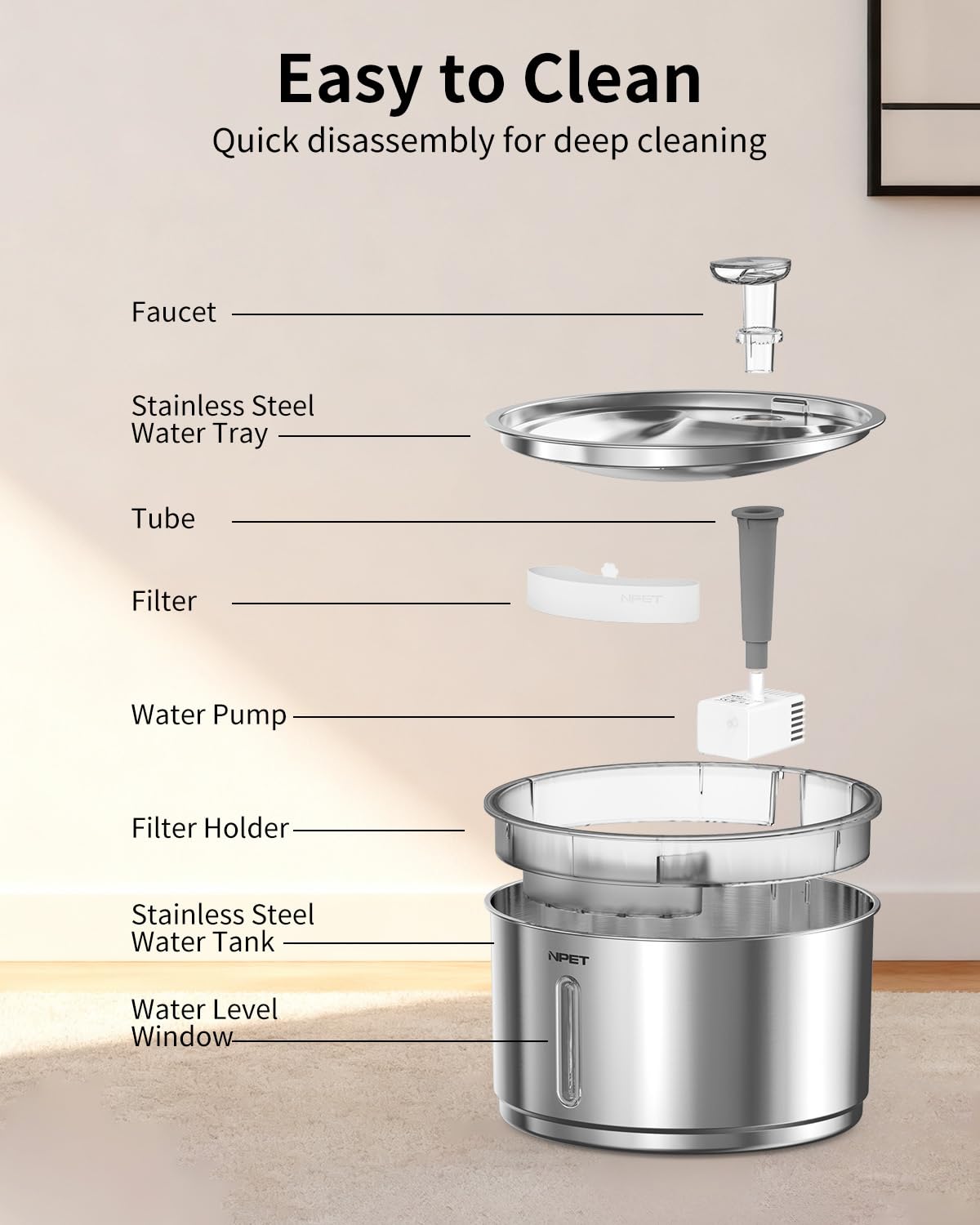 NPET WF210Plus visible water level window aids timely refills.
