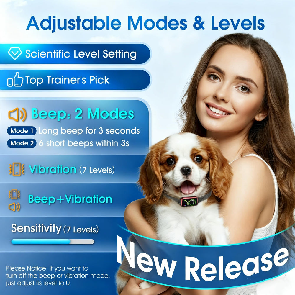 NQQHNN 1S Stop Bark Collar showing beep and vibration modes for quiet behavior
