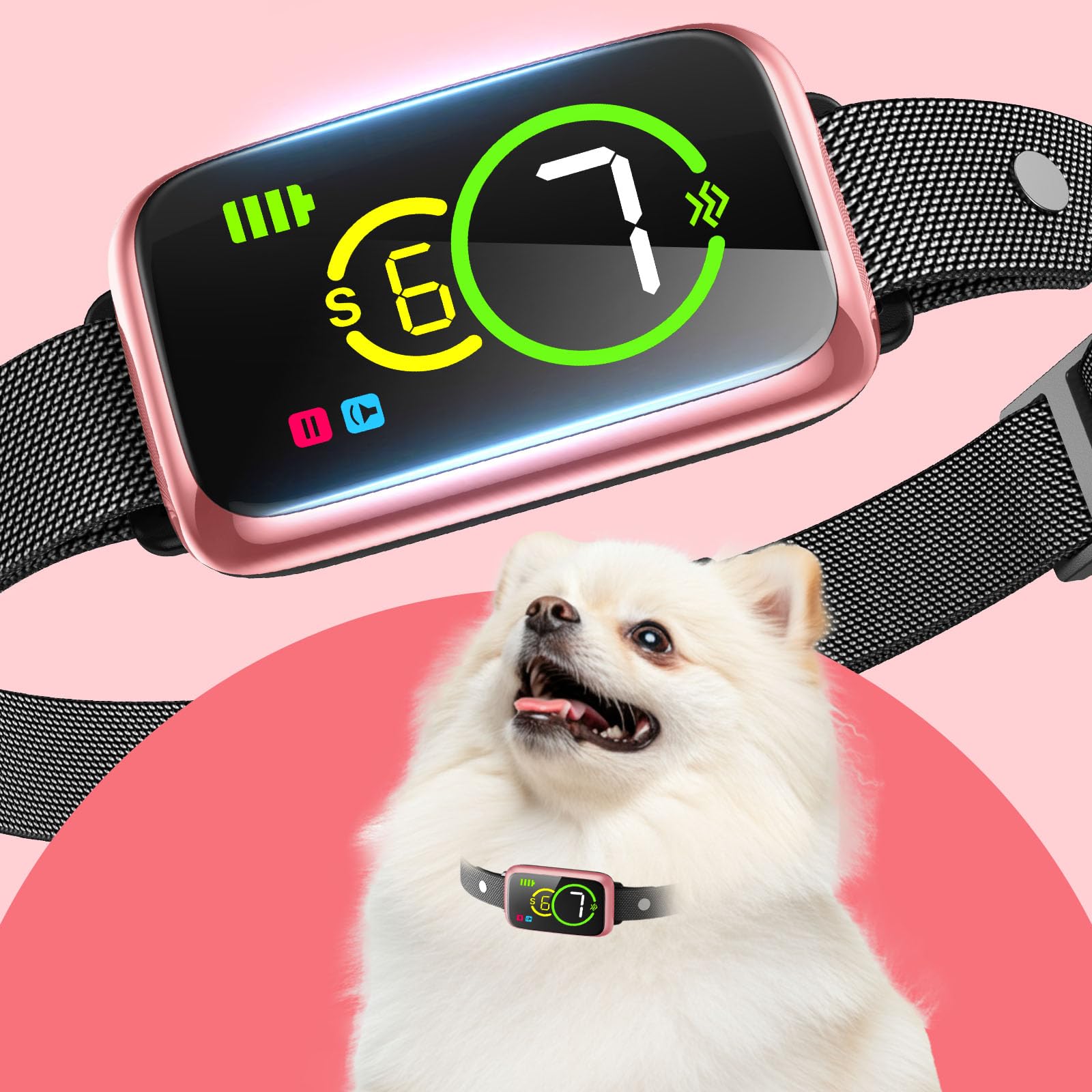NQQHNN 1S Stop Bark Collar worn on a dog's neck for humane calm training