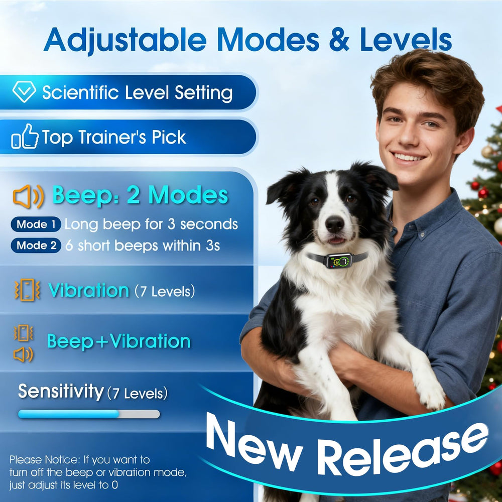 NQQHNN 1S Stop Barking Collar worn on a dog demonstrates humane beep and vibration cues.