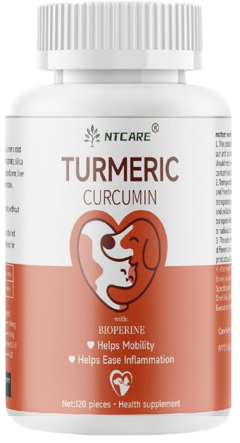 NTCARE turmeric dog bottle close-up showing chewable tablets for joint support