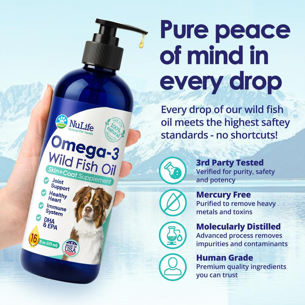 NuLife Liquid Fish Oil dogs-bottle-label shows safety and quality seals.