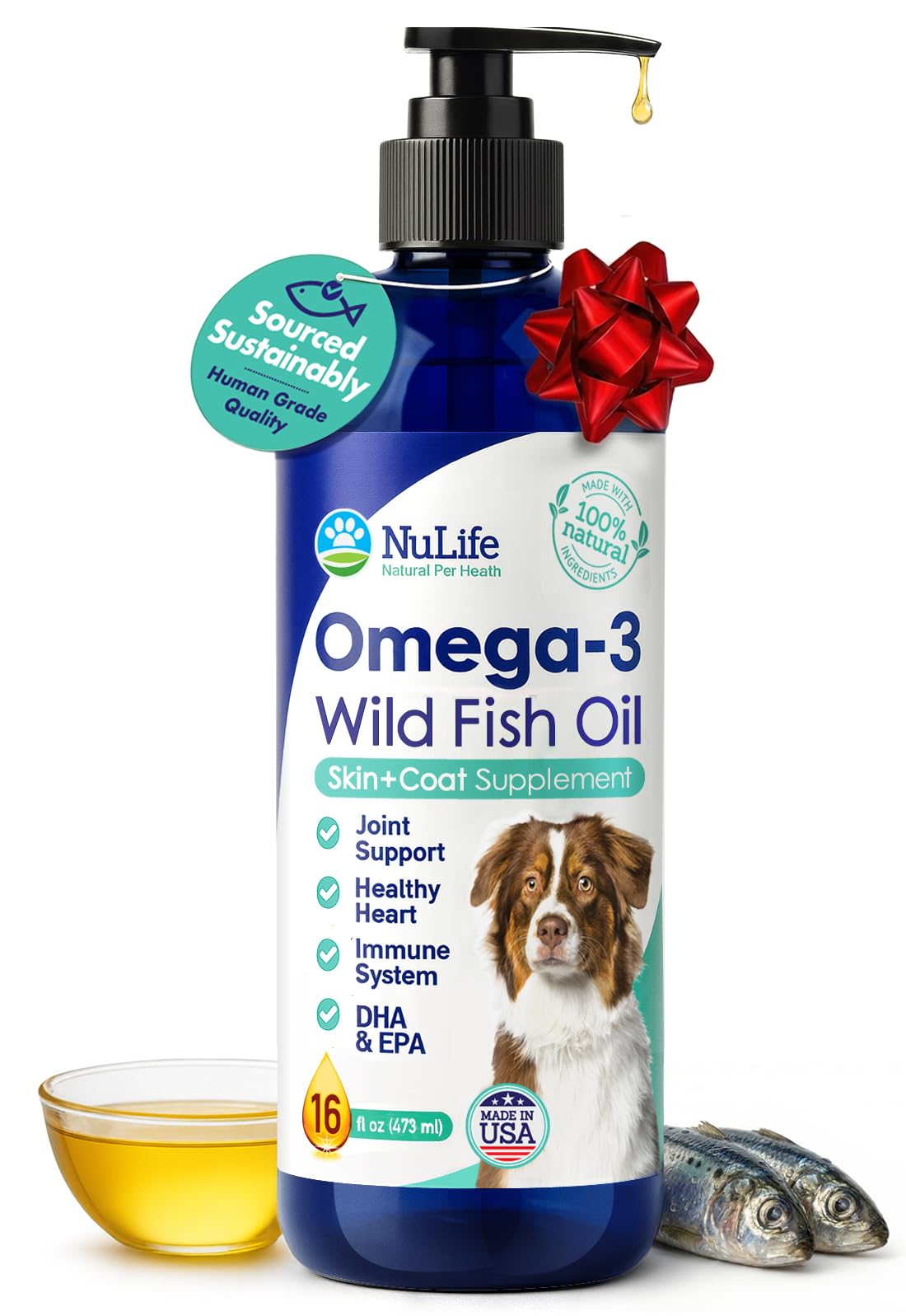 NuLife Liquid Fish Oil for Dogs pours on food for easy dosing and a shiny coat.