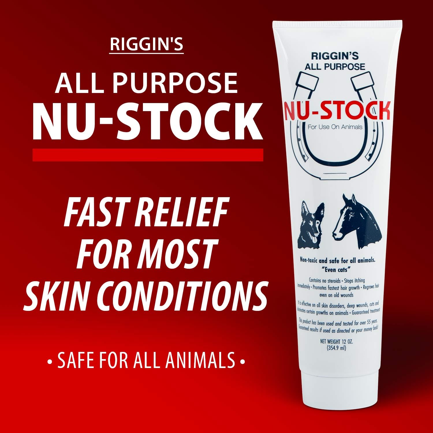 Nu-Stock Wound Cream tube being applied to a dog for skin care.