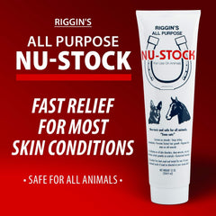 Nu-Stock Wound Cream tube being applied to a dog for skin care.
