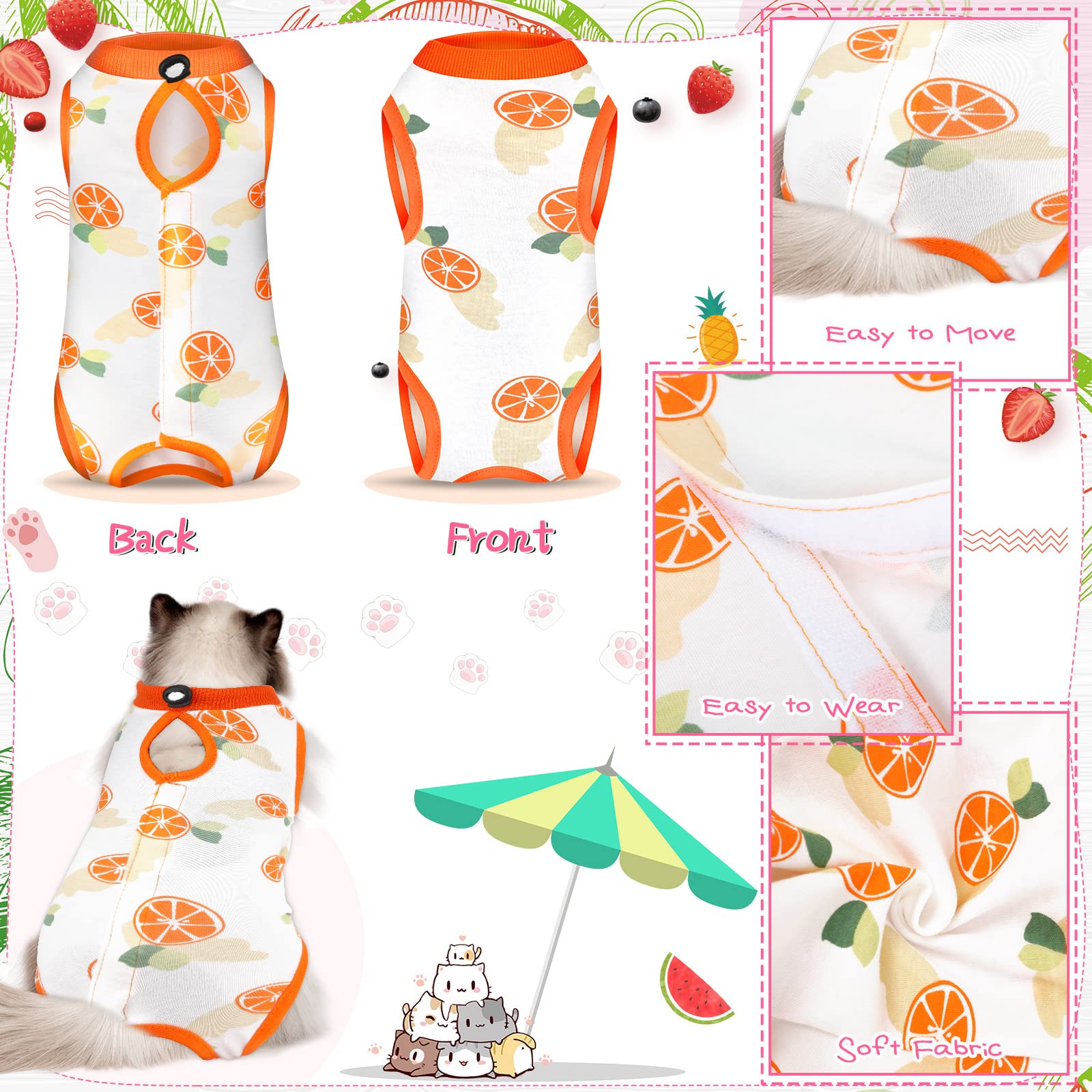 Nuanchu cat recovery suit in bright colors supports easy home care.