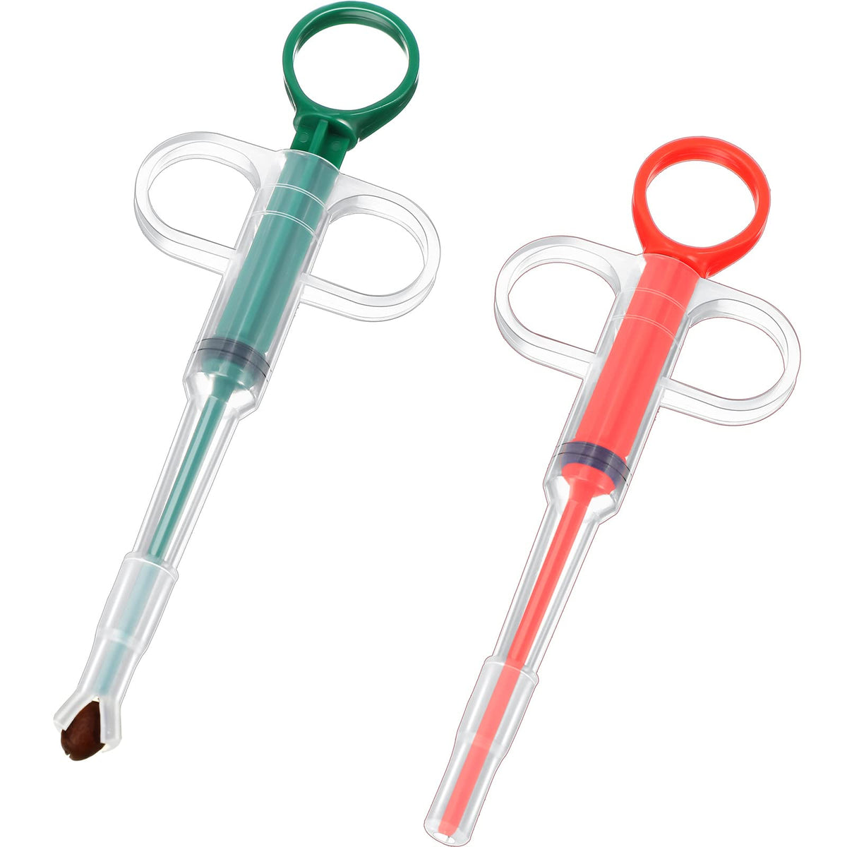 Nuanchu pet pill plunger red syringe close-up shows compact design for easy administration.