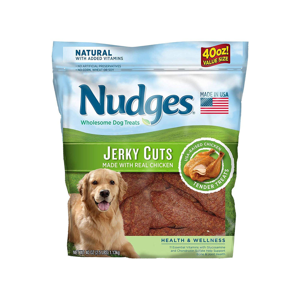 Nudges Natural Jerky Cut Dog Treats in chicken flavor—protein-rich joint-support snack