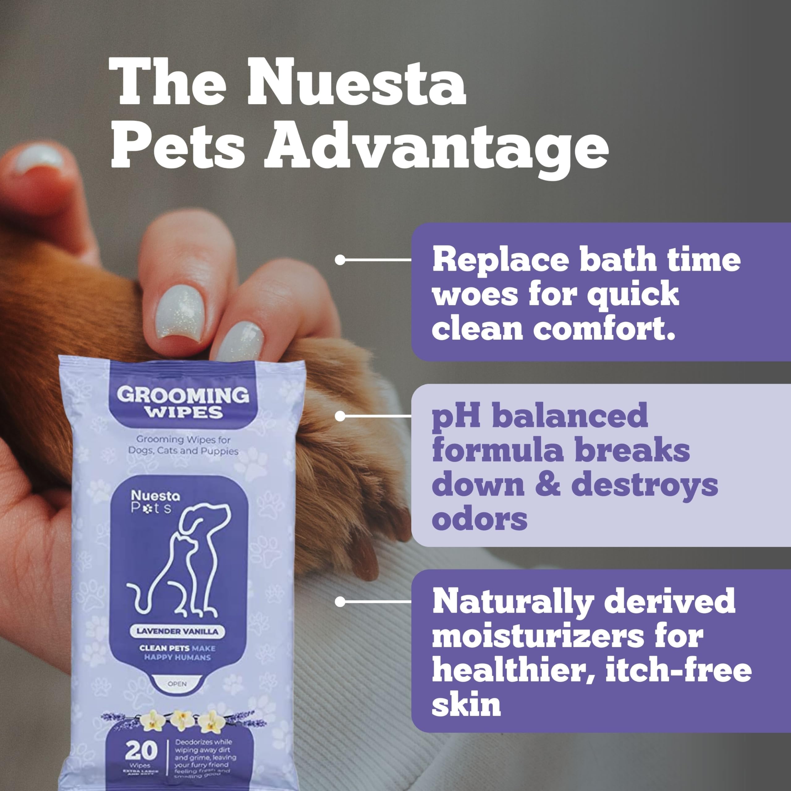 Nuesta Pets XL Lavender Vanilla wipes with Aloe and Chamomile—skin-soothing cleansing.