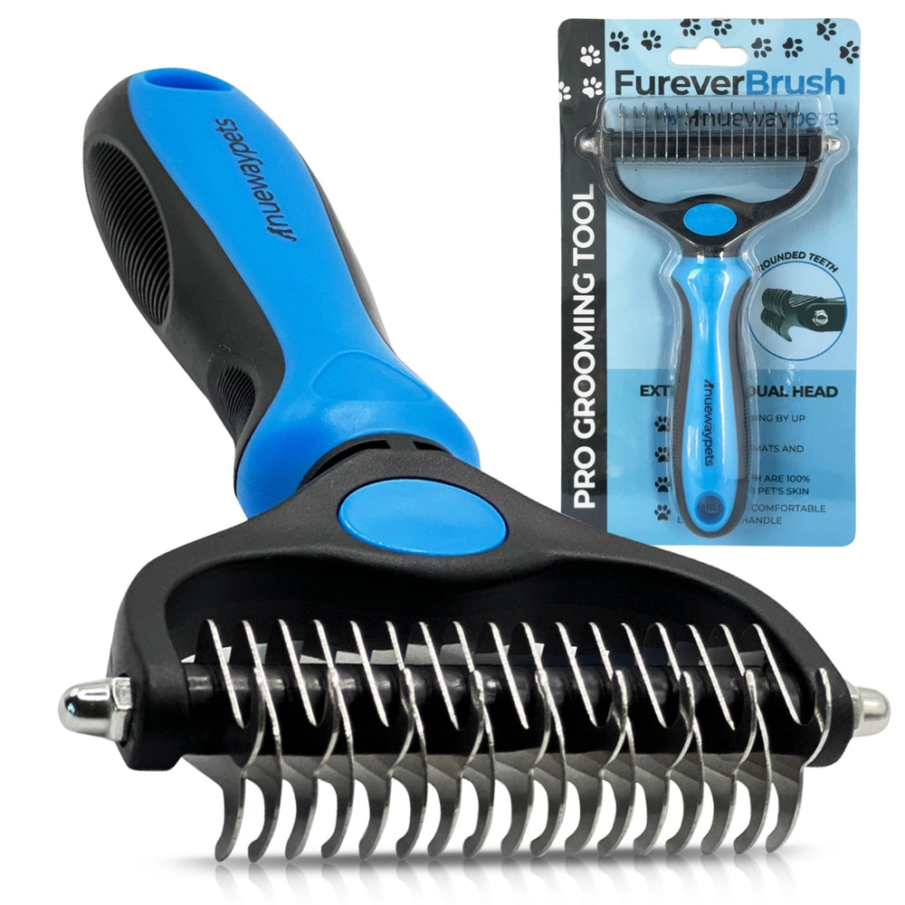 NuewayPets FureverBrush dual-head closeup showing gentle deshedding in action for dogs.