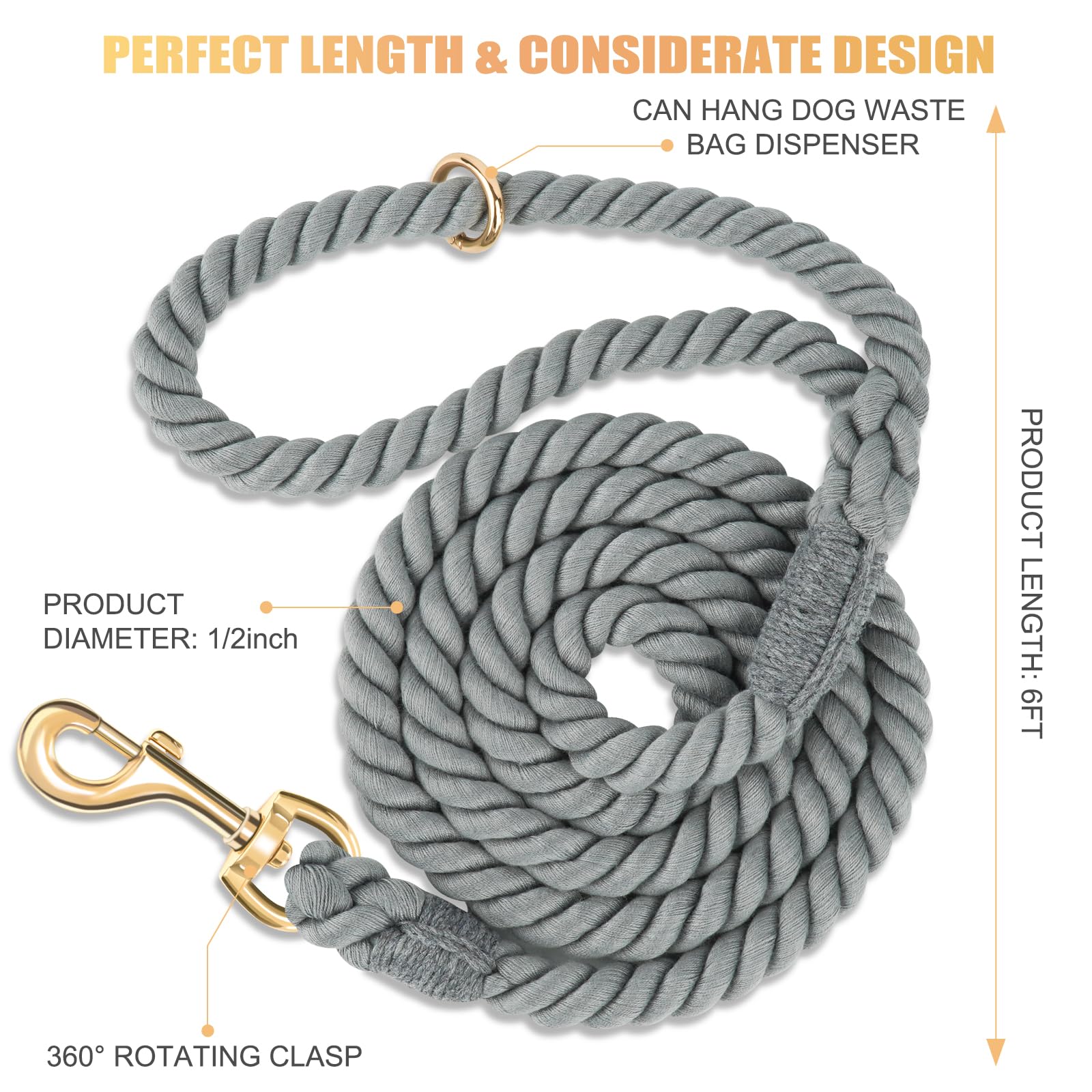 NUGUTIC dog leash 6ft braided cotton in black for everyday walks
