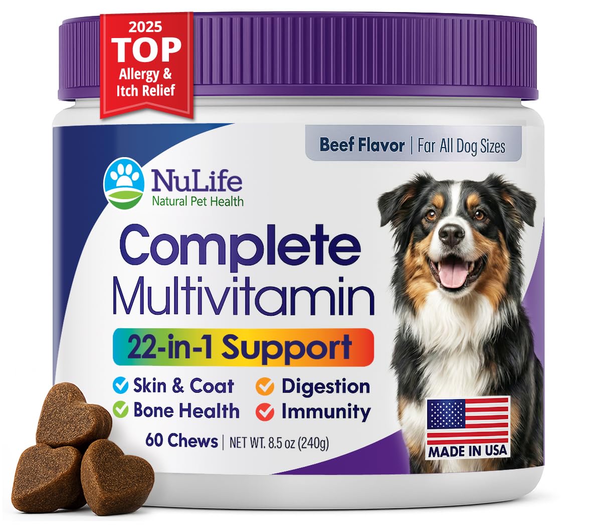 NuLife dog multivitamins heart-shaped chews for overall wellness.