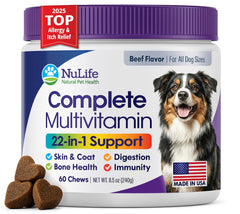 NuLife dog multivitamins heart-shaped chews for overall wellness.