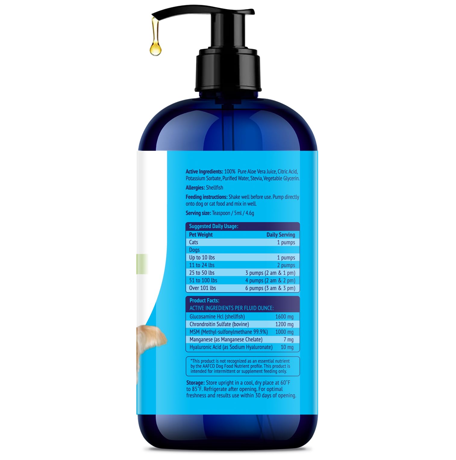 NuLife glucosamine dog bottle label emphasizes clean ingredients and safety.