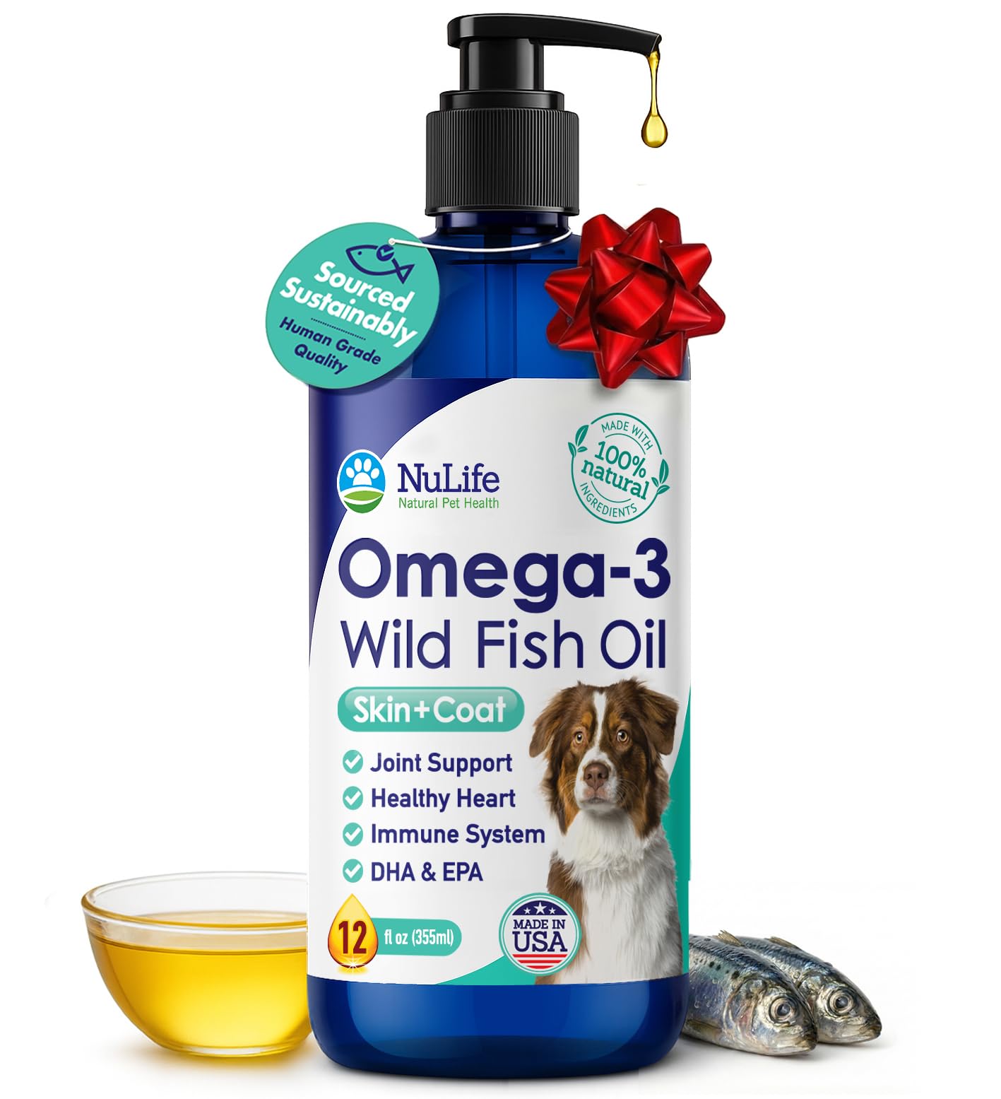 NuLife Liquid Fish Oil bottle pour shows easy, mess-free feeding for dogs