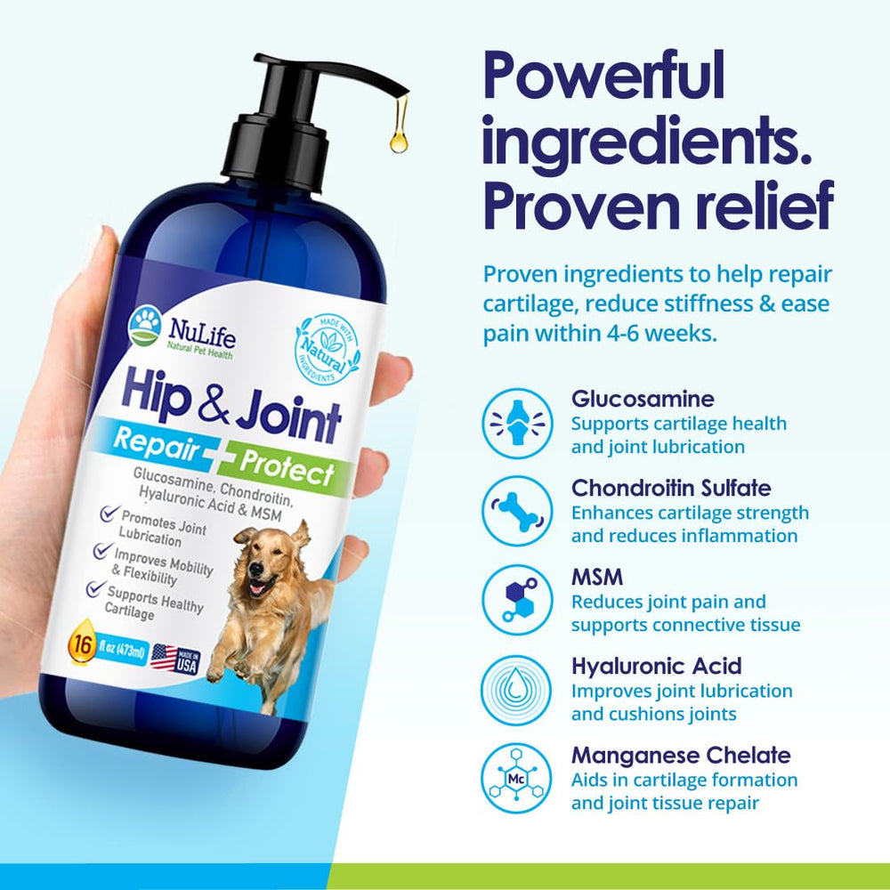 NuLife Liquid Glucosamine drops being poured for easy daily dosing.