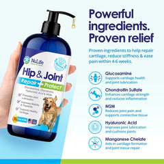 NuLife Liquid Glucosamine drops being poured for easy daily dosing.